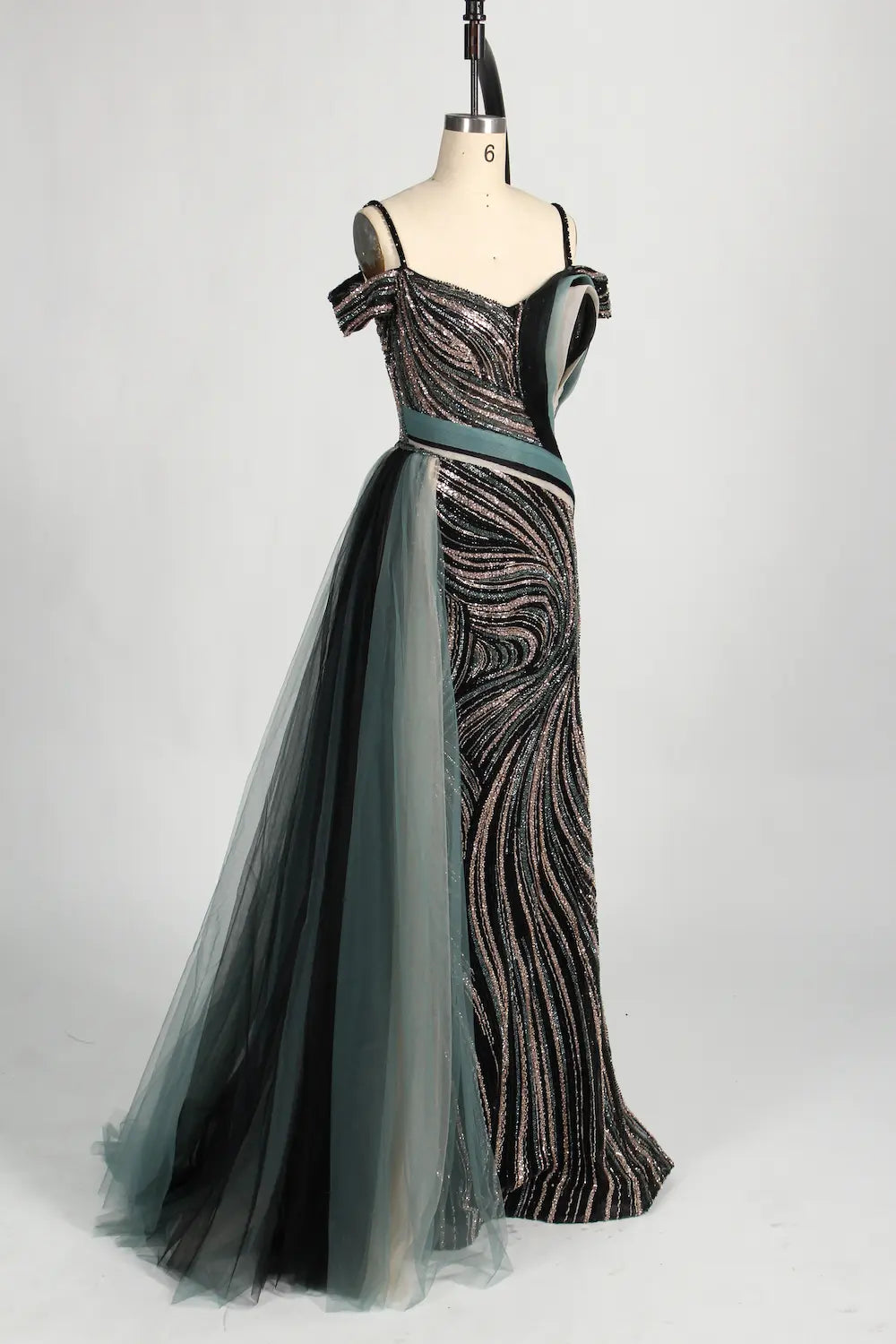 Off the Shoulder Sequined Black Evening Dress with Side Train MC127