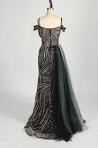 Off the Shoulder Sequined Black Evening Dress with Side Train MC127
