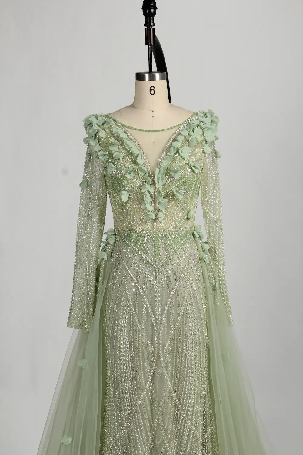 3D Floral Beaded Long Sleeve Sage Green Mother of the Bride Dress MC128