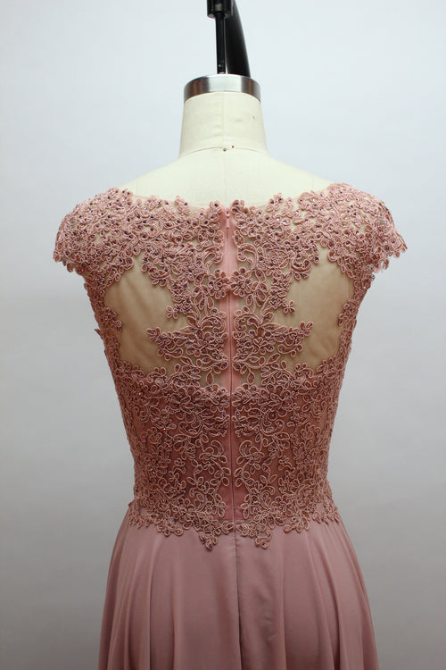 Front view of an elegant dusty rose A-line mother of the bride dress featuring a scoop neck sheer lace bodice with beaded floral applique, ruffle sleeves, and a long flowing floor-length chiffon skirt, ideal for weddings or formal banquets and available for wholesale or bulk orders.