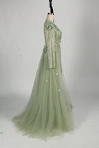 3D Floral Beaded Long Sleeve Sage Green Mother of the Bride Dress MC128
