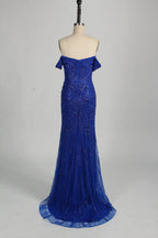 Beaded Royal Blue Off the Shoulder Evening Dress with High Slit MC129