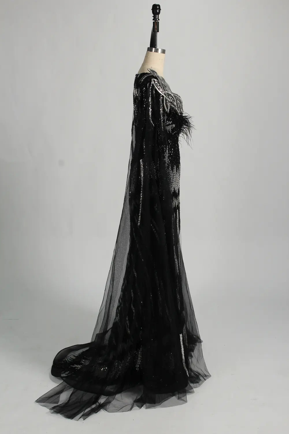 Sequined Feather Motif Black Fit and Flare Mother of the Bride Dress MC131