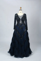 Black Deep V-Neck Beaded Long Sleeves  A-Line Mother of the Bride Dress MK066