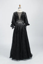 Beaded Black A Line Mother of the Bride Dress with Long Sleeves MC123