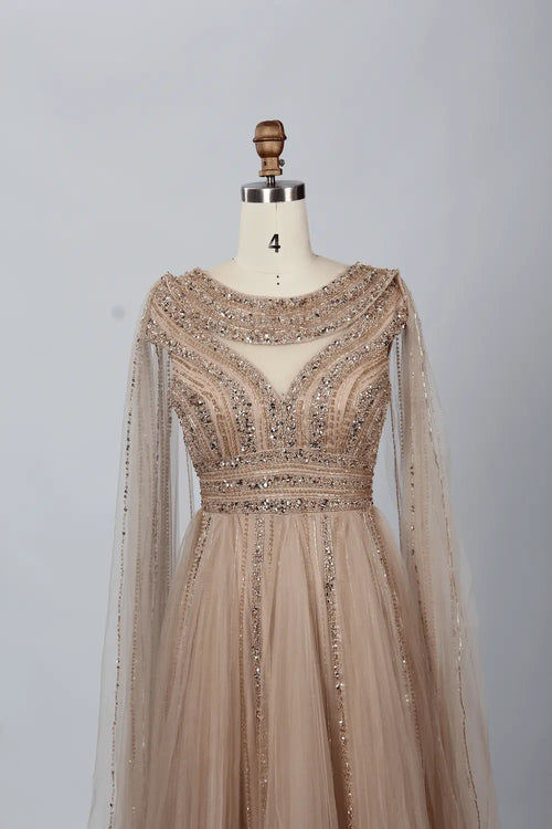 Beaded Boat Neck A-Line Mother of the Bride Dress with Long Sleeves MC057