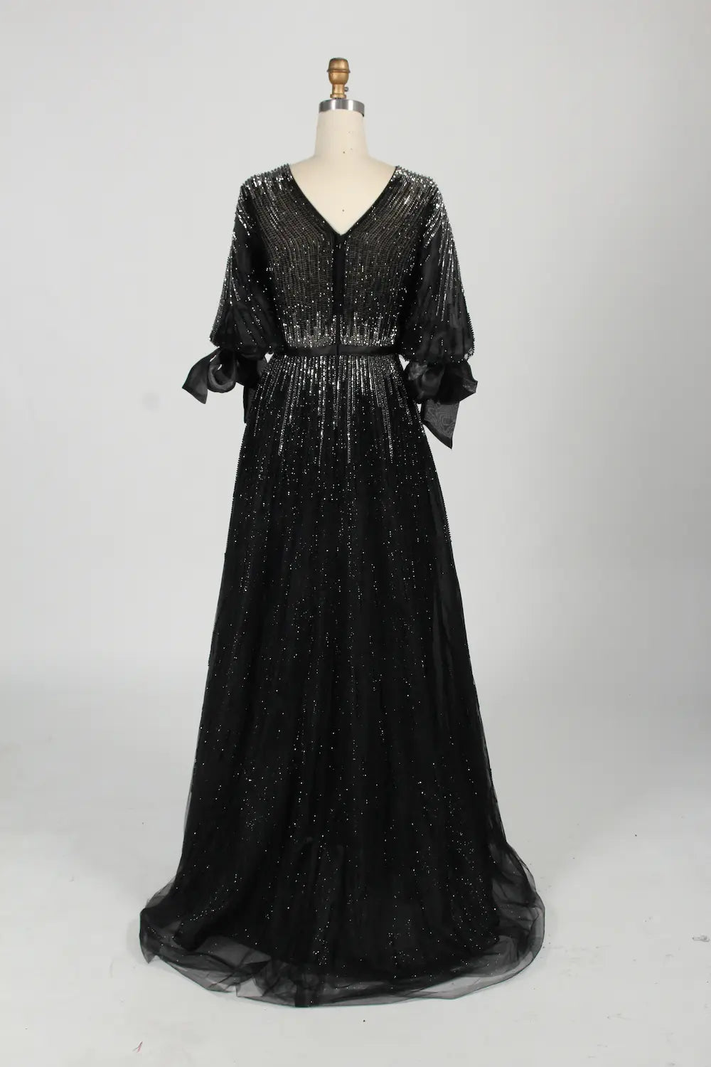Beaded Black A Line Mother of the Bride Dress with Long Sleeves MC123