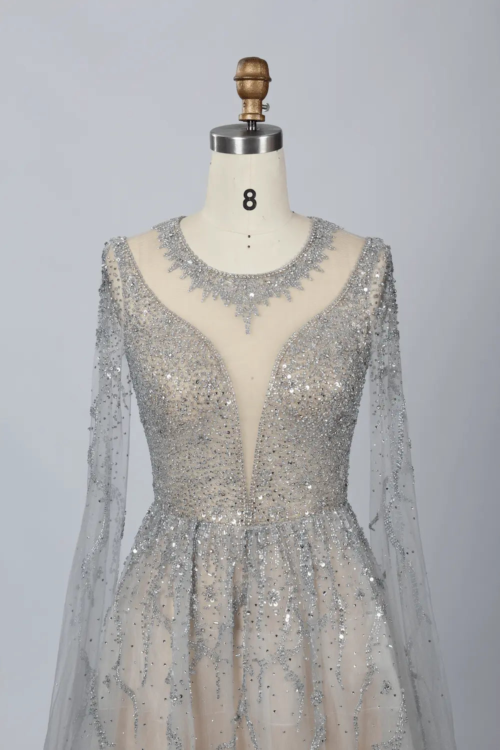 V-Neck Embellished A-Line Mother of the Bride Dress with Sheer Sleeves MC054