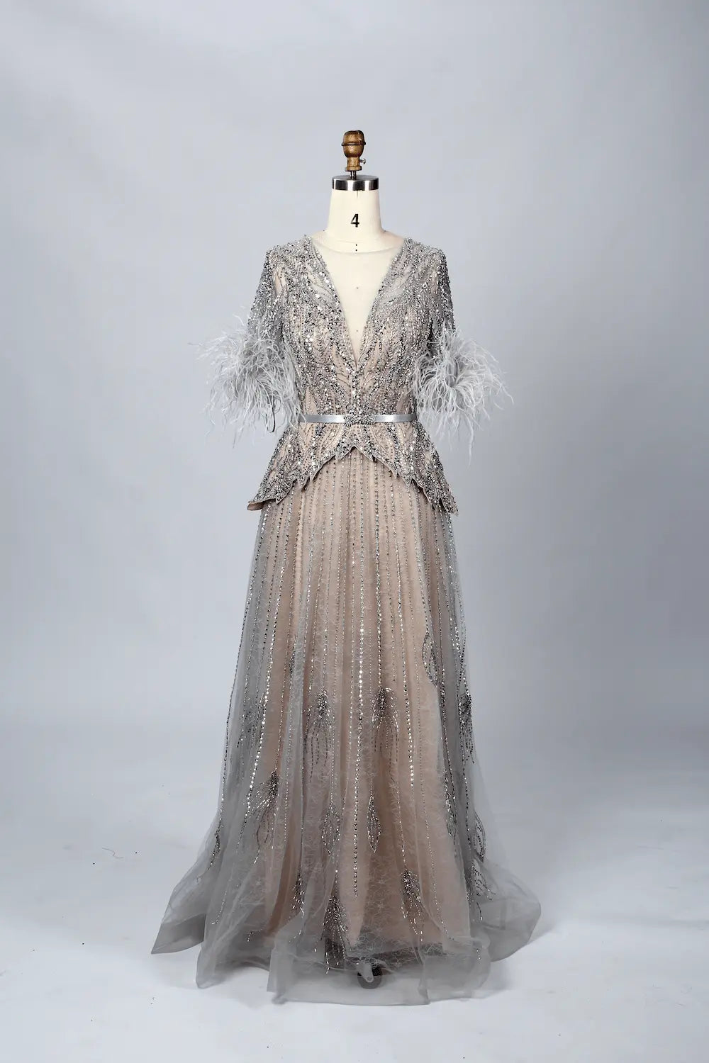 Taupe Beaded A-Line Mother of the Bride Dress with Feathered Sleeves MC056
