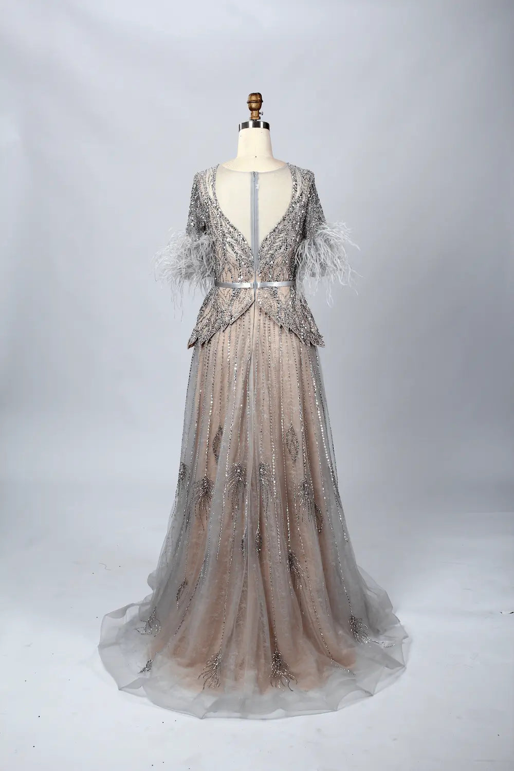 Taupe Beaded A-Line Mother of the Bride Dress with Feathered Sleeves MC056