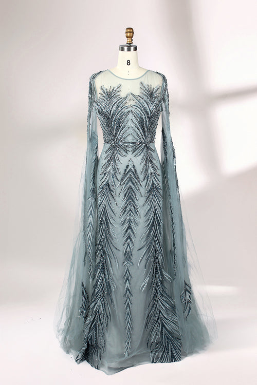 Dusty blue beaded sheer gown with long sleeves and feather-like sequin pattern