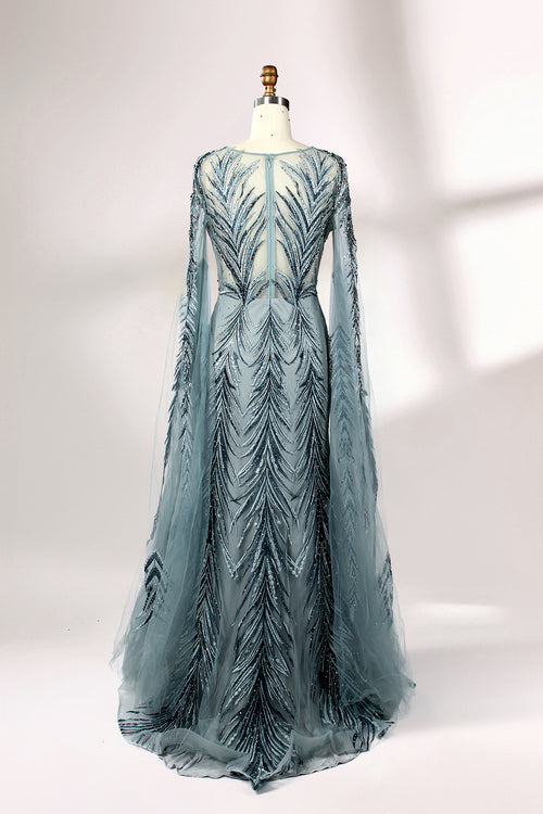 Dusty blue beaded sheer long-sleeve gown with full skirt and feather sequin embroidery