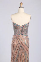 V-Neck Beaded Sequin Evening Dress with High Slit MC176