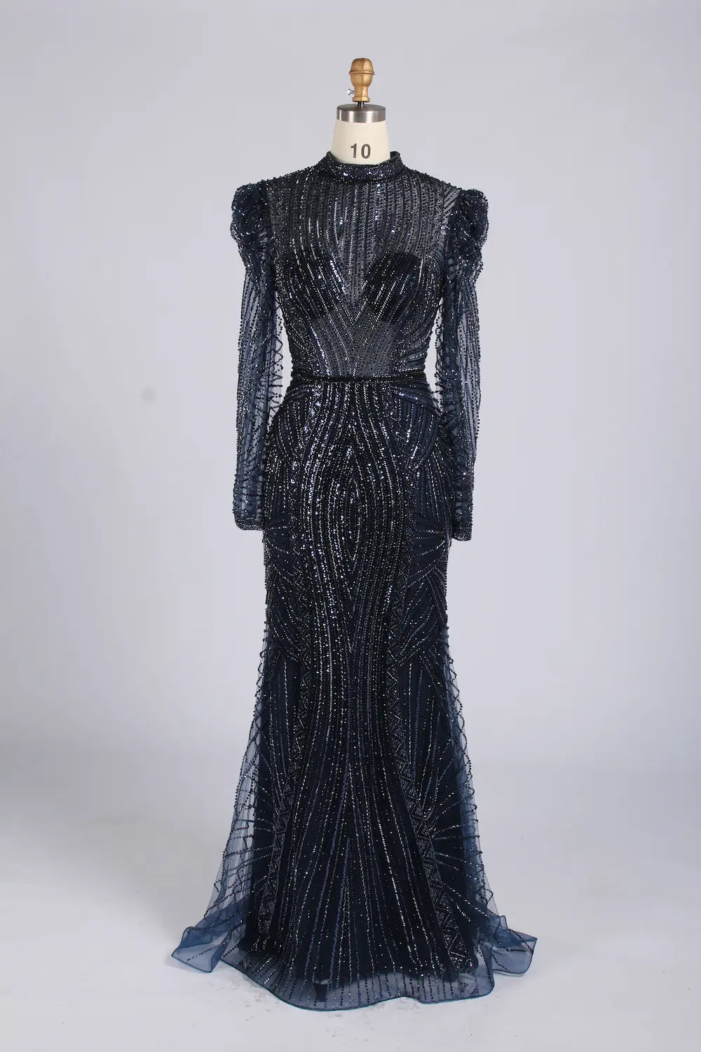 Elegant Navy Blue High-Neck Sequin Mother of the Bride Dress MC175