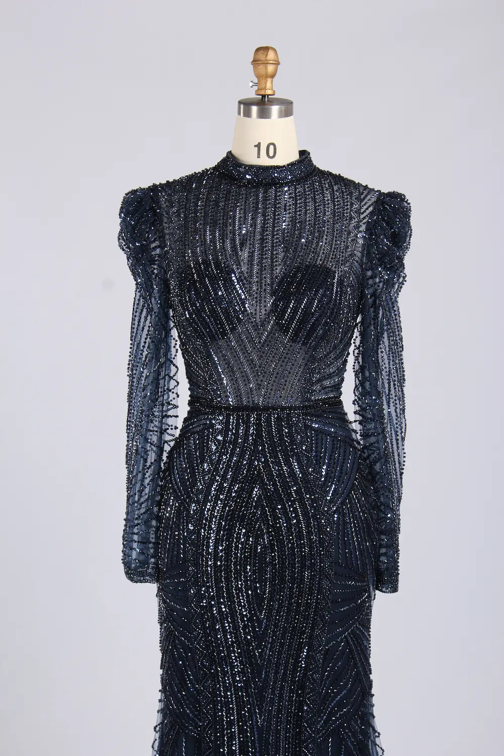 Elegant Navy Blue High-Neck Sequin Mother of the Bride Dress MC175