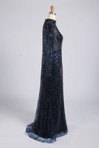 Elegant Navy Blue High-Neck Sequin Mother of the Bride Dress MC175