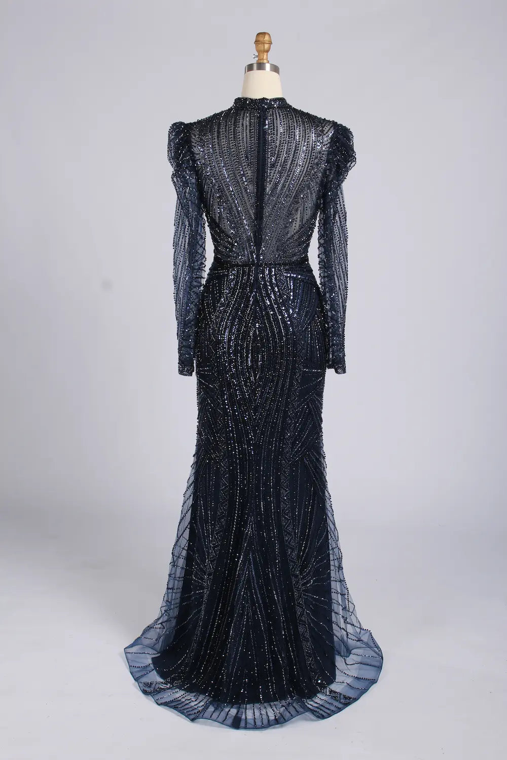 Elegant Navy Blue High-Neck Sequin Mother of the Bride Dress MC175