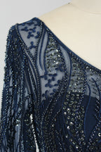 Navy sheer lace gown with beaded half sleeves and V-neck