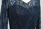 Navy beaded sheer lace bodice with ornate V-neck and long half-sleeve embroidery
