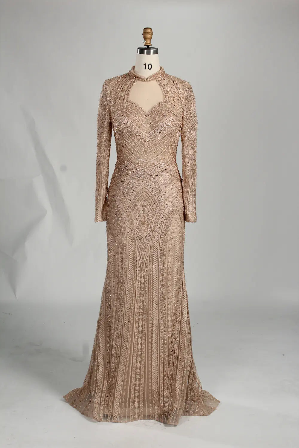 Beaded Fit-and-Flare Mother of the Bride Dress with Long Sleeves MK097