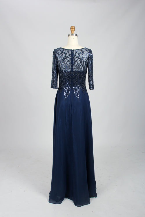 Navy beaded lace mother-of-the-bride gown with long skirt and 3/4 sleeves