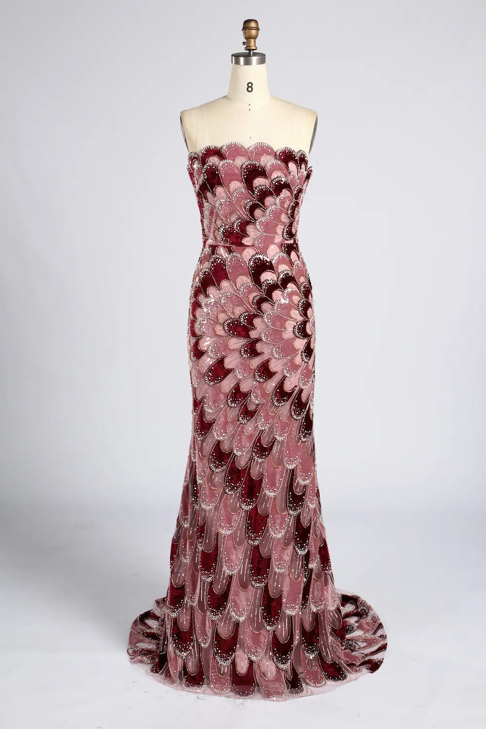 Burgundy Feather Pattern Beaded Chiffon Cape Sleeves Mermaid MOB Dress KY076B