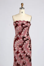 Burgundy Feather Pattern Beaded Chiffon Cape Sleeves Mermaid MOB Dress KY076B