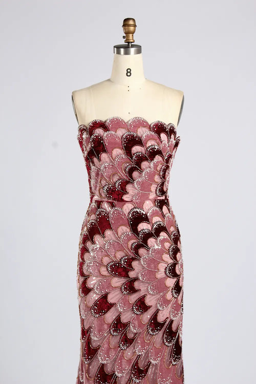 Strapless mermaid MOB dress with dense floral sequin beading, burgundy and blush pink