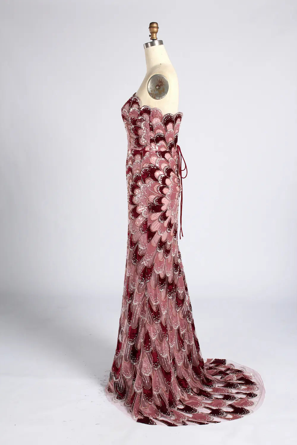 Burgundy Feather Pattern Beaded Chiffon Cape Sleeves Mermaid MOB Dress KY076B