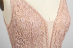 Photograph of a sleeveless, floor-length evening gown displayed on a dress form. The gown features a deep V-neckline adorned with intricate lace detailing and a sheer, blush pink fabric that flows into a smooth, satin skirt. The dress form is positioned against a plain, light beige background, emphasizing the gown's elegant design.05