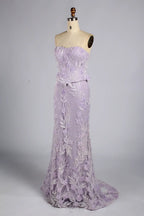 Lilac Purple Strapless Floral Lace Mermaid Evening Dress with Peplum KY074