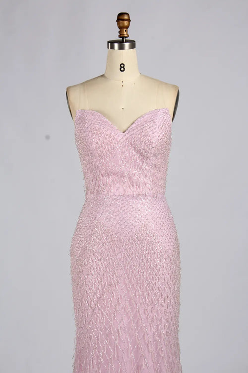 Blush pink strapless sequin mermaid evening dress with sweetheart neckline