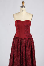 Wine Red Strapless Corset Beaded Lace A-Line Evening Dress KY077