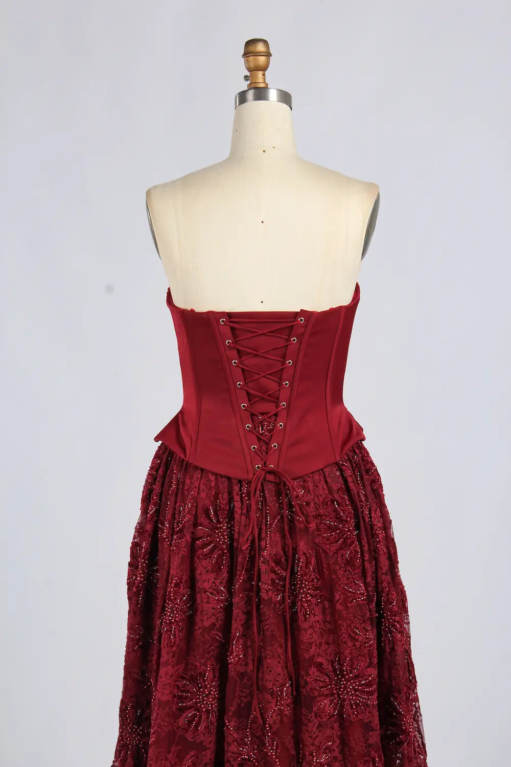Wine Red Strapless Corset Beaded Lace A-Line Evening Dress KY077