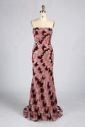 Strapless mermaid evening dress with pink and dark sequin feather pattern, fitted bodice