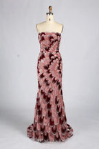Strapless mermaid evening dress with pink and dark sequin feather pattern, fitted bodice