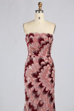 Strapless mermaid evening dress with pink and burgundy floral-feather sequin pattern