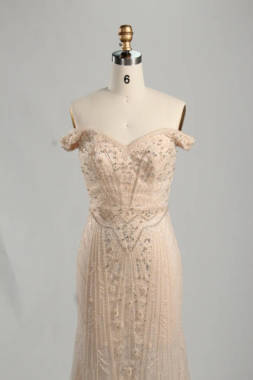Champagne off-shoulder beaded bodice with sweetheart neckline and fitted mermaid silhouette