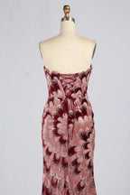 Strapless mermaid evening dress with rose sequin feather appliques and mesh corset detail