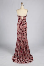 Strapless mermaid evening dress in rose and burgundy sequin feather pattern, full length