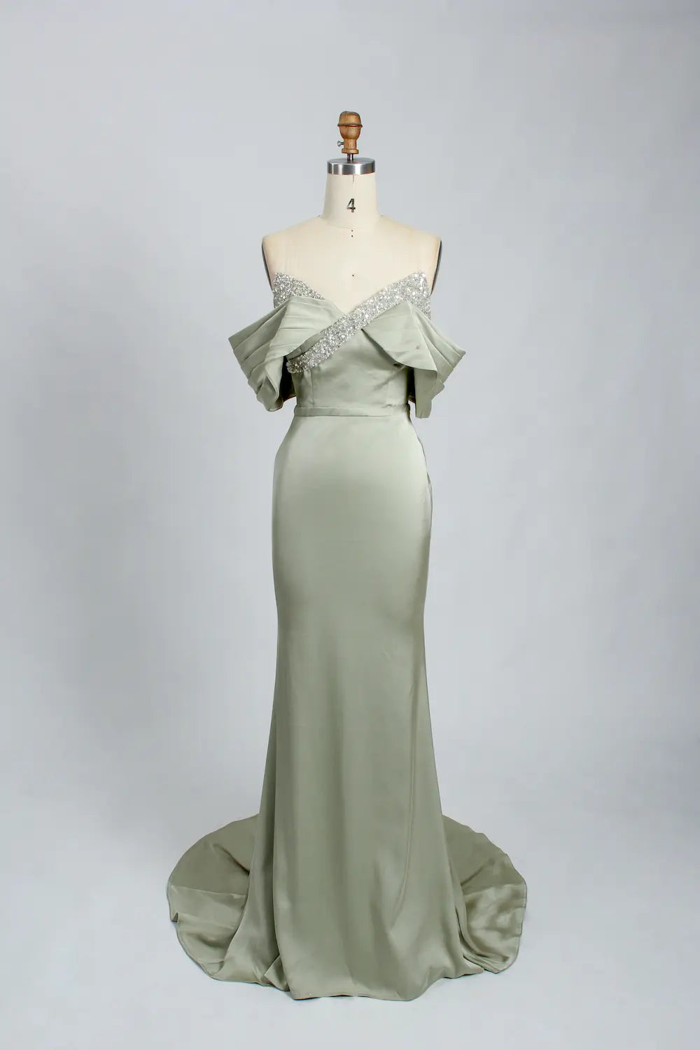 Off the Shoulder Satin Sage Green Fit and Flare Mother of the Bride Dress KS024