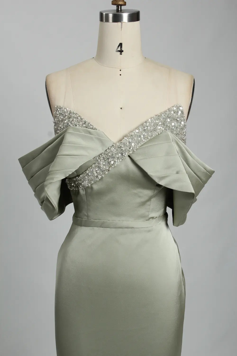Off the Shoulder Satin Sage Green Fit and Flare Mother of the Bride Dress KS024