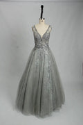 V-Neck Embroidered A-Line Evening Dress KS025