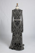 Black High Neck Beaded Long Sleeve Mother of the Bride Dress KY062