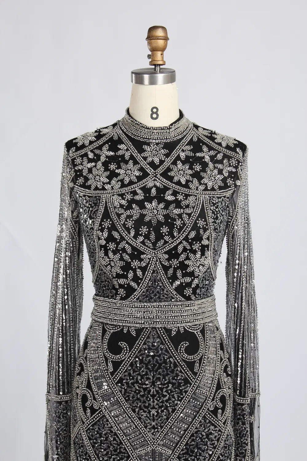 Black High Neck Beaded Long Sleeve Mother of the Bride Dress KY062