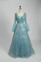 Sequin A-Line Mother of the Bride Dress with Long Bishop Sleeves KS027