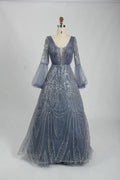 Sequin A-Line Mother of the Bride Dress with Long Bishop Sleeves KS027