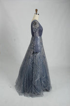 Sequin A-Line Mother of the Bride Dress with Long Bishop Sleeves KS027