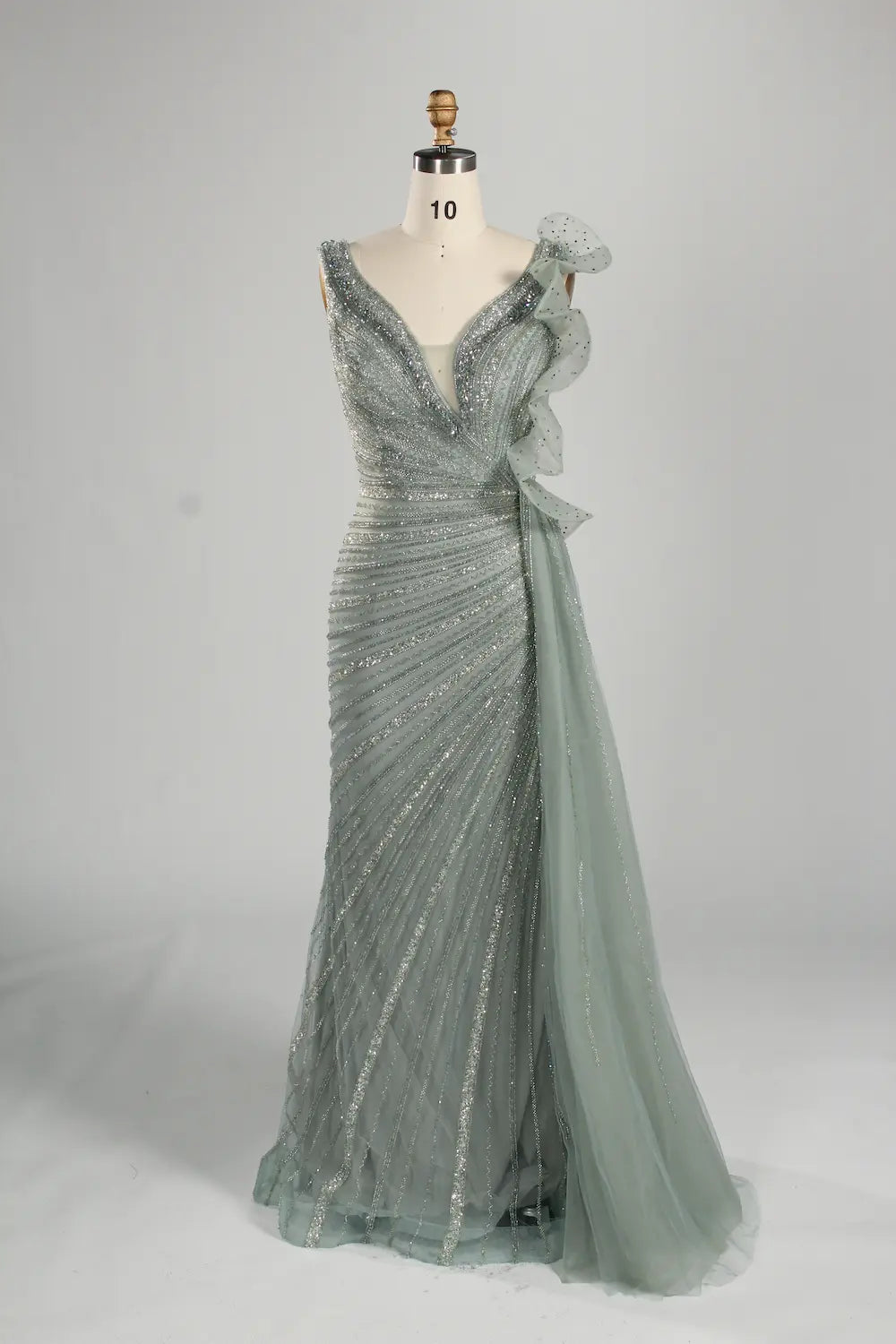 Dusty green beaded V-neck long dress with lace cascade shoulder detail