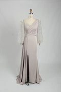 V-Neck Satin Mother of the Bride Dress with Sequin Long Sleeves KS031